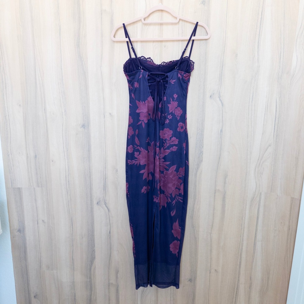 Womens Floral Mesh Midi Dress XS Purple Lace Trim Corset Back Coquette Y2K Fairy - Picture 5 of 9